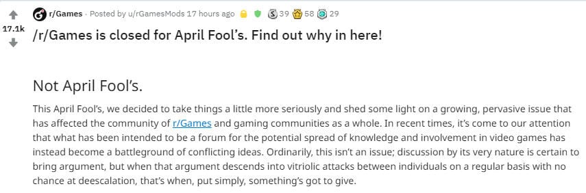 April Fools - /r/Games Closed